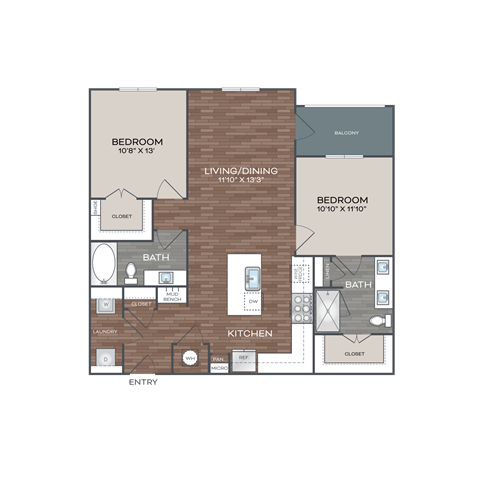 Floor plan for 2 beds, 2 baths, 1113 sqft
